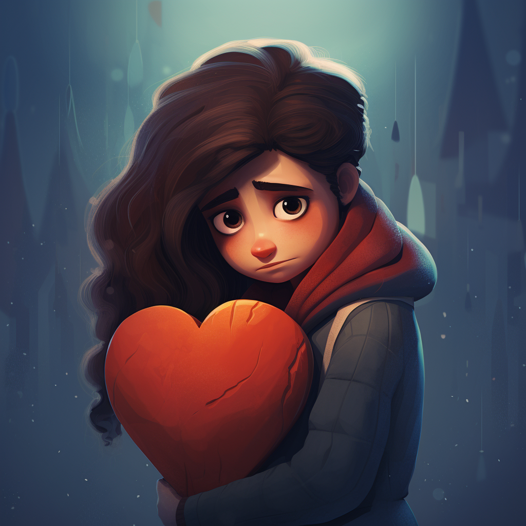a sad girl hugging a heart that is a little damaged